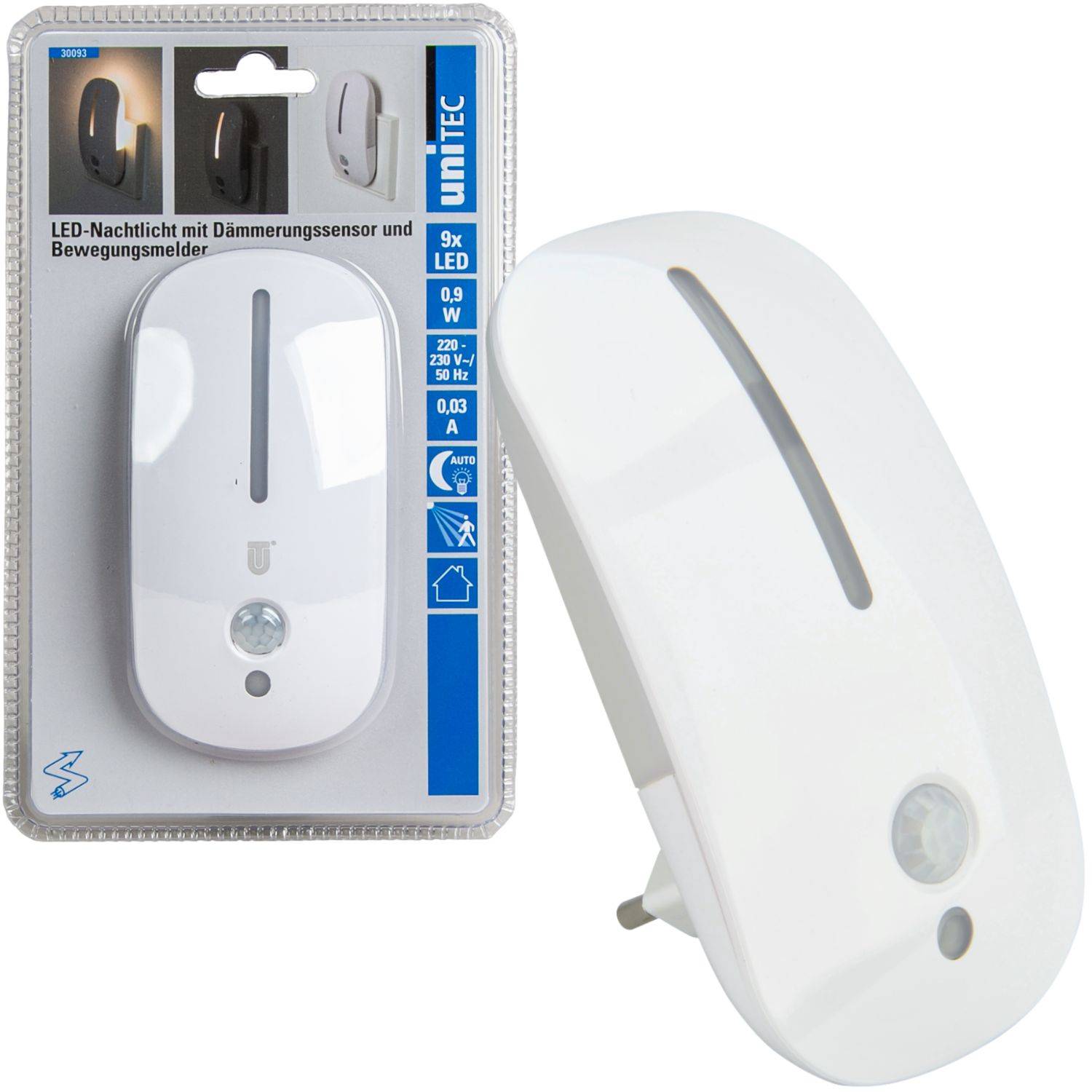 Weißes LED-Nachtlicht mit Stecker, Bewegungs- und Dämmerungssensor, abgebildet mit Einzelhandelsverpackung auf weißem Hintergrund.