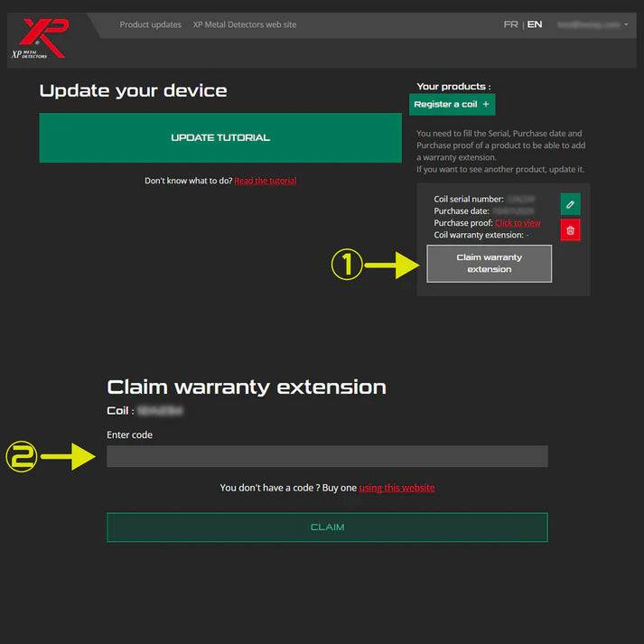 Dunkel gestaltete XP METALLDETEKTOREN-Webseite mit der Meldung 