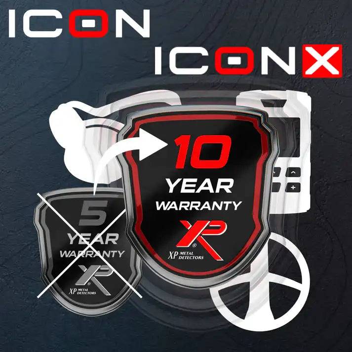 Werbegrafik für ICON X Metalldetektoren, die ein „10 Jahre Garantie