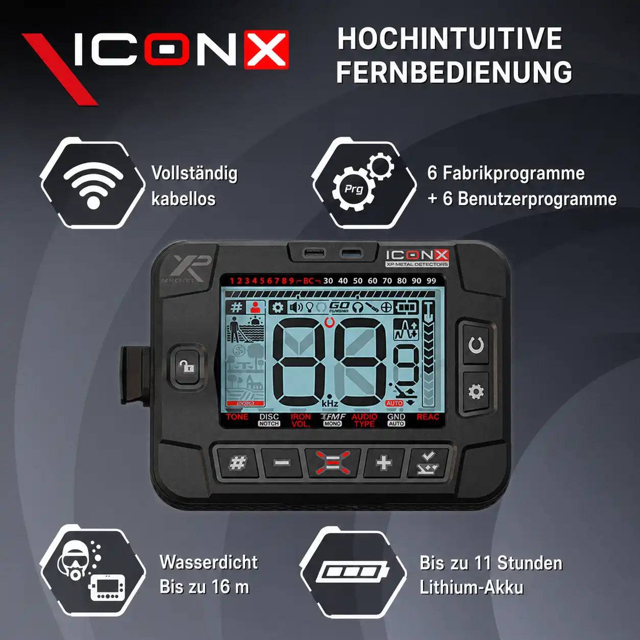 ICONX Fernbedienung mit Farbdisplay, vollständig kabellos, wasserdicht bis 16 m, mit bis zu 11 Stunden Akkulaufzeit und 6 Werksprogramme plus 6 benutzerdefinierte Programme.