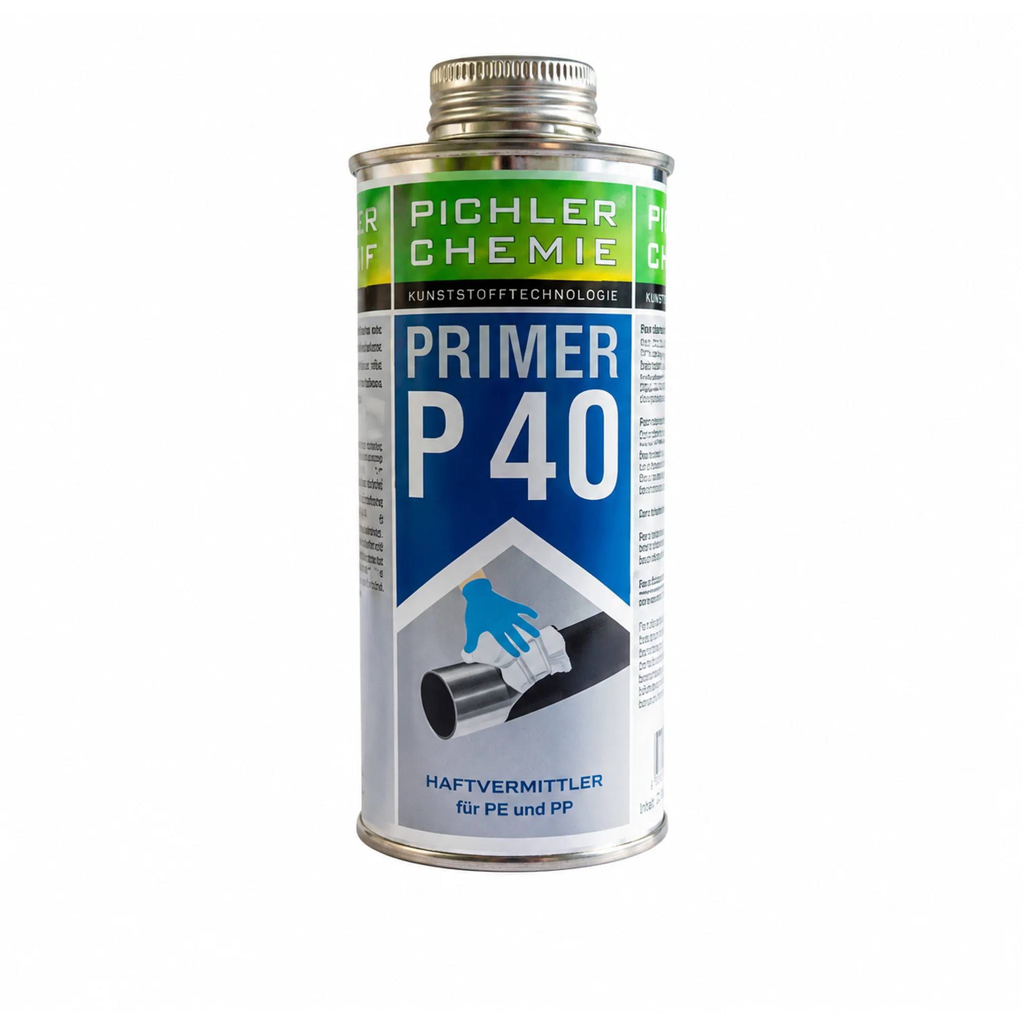 Dose der Pichler Chemie PRIMER P40 Haftgrundierung für PE und PP, frontal auf weißem Hintergrund dargestellt.