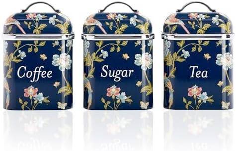 VQ Laura Ashley Tee-, Kaffee- und Zucker Vorratsdosen 3er Set mit Elveden Marine Designer Print Elegante Edelstahl Aufbewahrungsbox mit Deckel