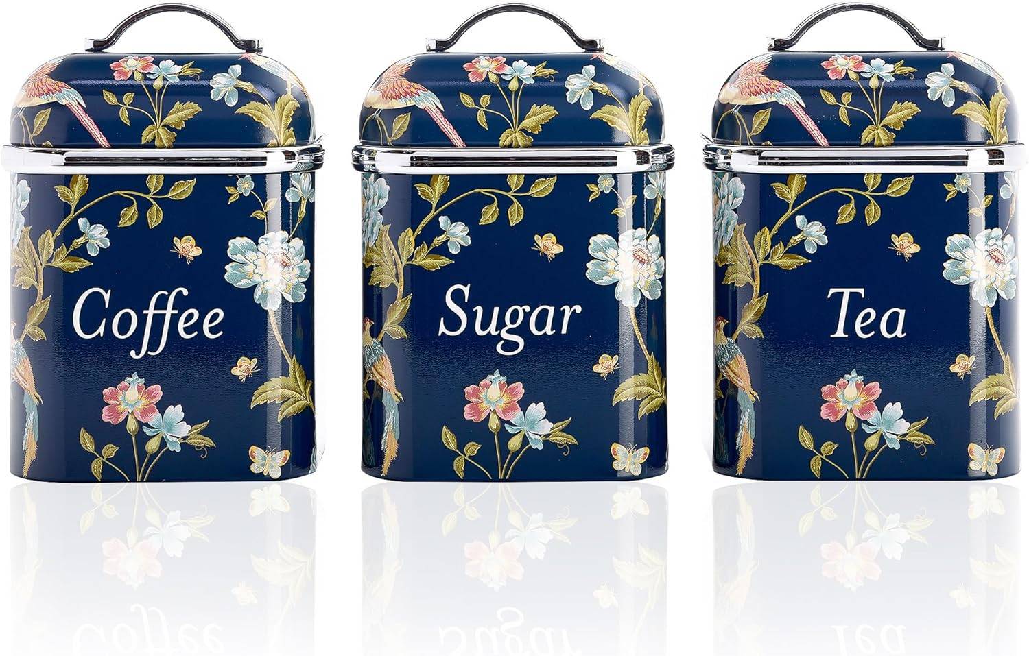 VQ Laura Ashley Tee-, Kaffee- und Zucker Vorratsdosen 3er Set mit Elveden Marine Designer Print Elegante Edelstahl Aufbewahrungsbox mit Deckel