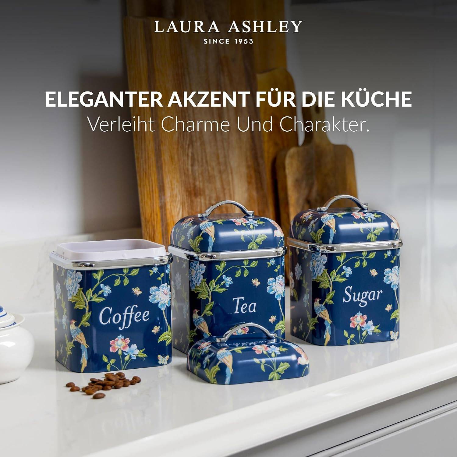 VQ Laura Ashley Tee-, Kaffee- und Zucker Vorratsdosen 3er Set mit Elveden Marine Designer Print Elegante Edelstahl Aufbewahrungsbox mit Deckel
