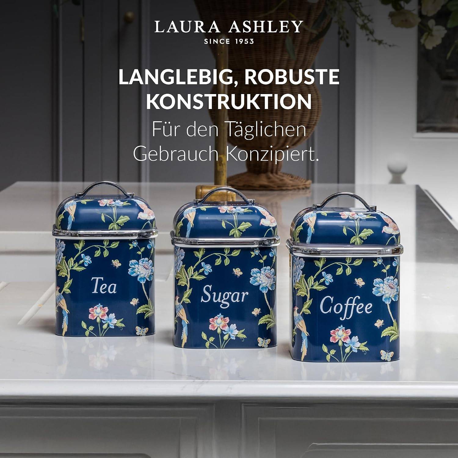 VQ Laura Ashley Tee-, Kaffee- und Zucker Vorratsdosen 3er Set mit Elveden Marine Designer Print Elegante Edelstahl Aufbewahrungsbox mit Deckel