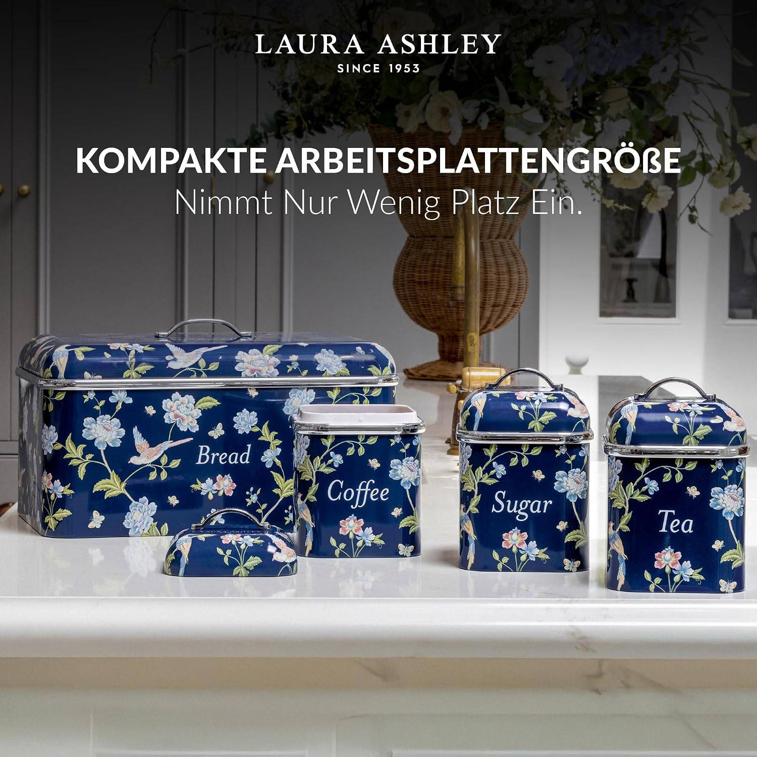 VQ Laura Ashley Tee-, Kaffee- und Zucker Vorratsdosen 3er Set mit Elveden Marine Designer Print Elegante Edelstahl Aufbewahrungsbox mit Deckel