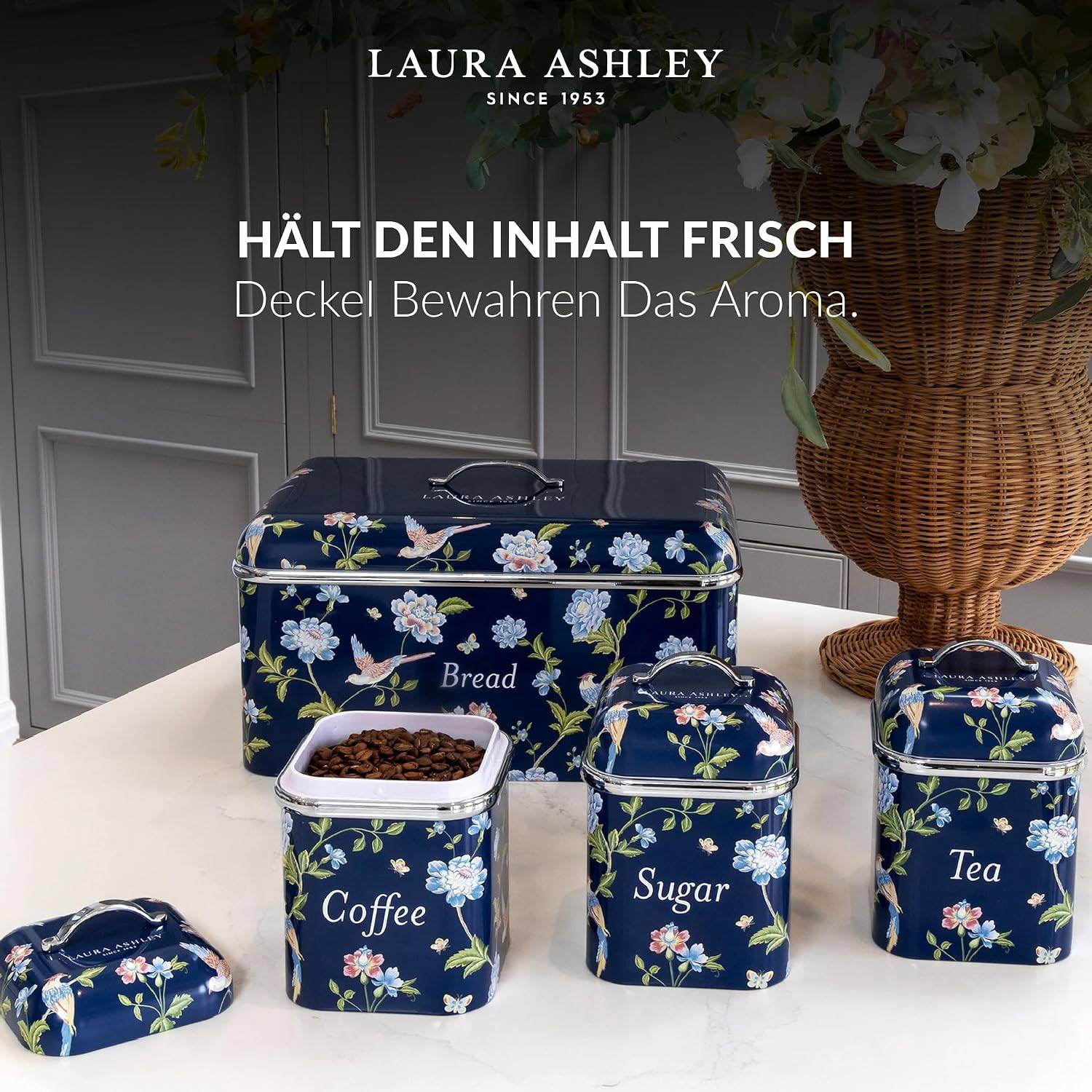 VQ Laura Ashley Tee-, Kaffee- und Zucker Vorratsdosen 3er Set mit Elveden Marine Designer Print Elegante Edelstahl Aufbewahrungsbox mit Deckel