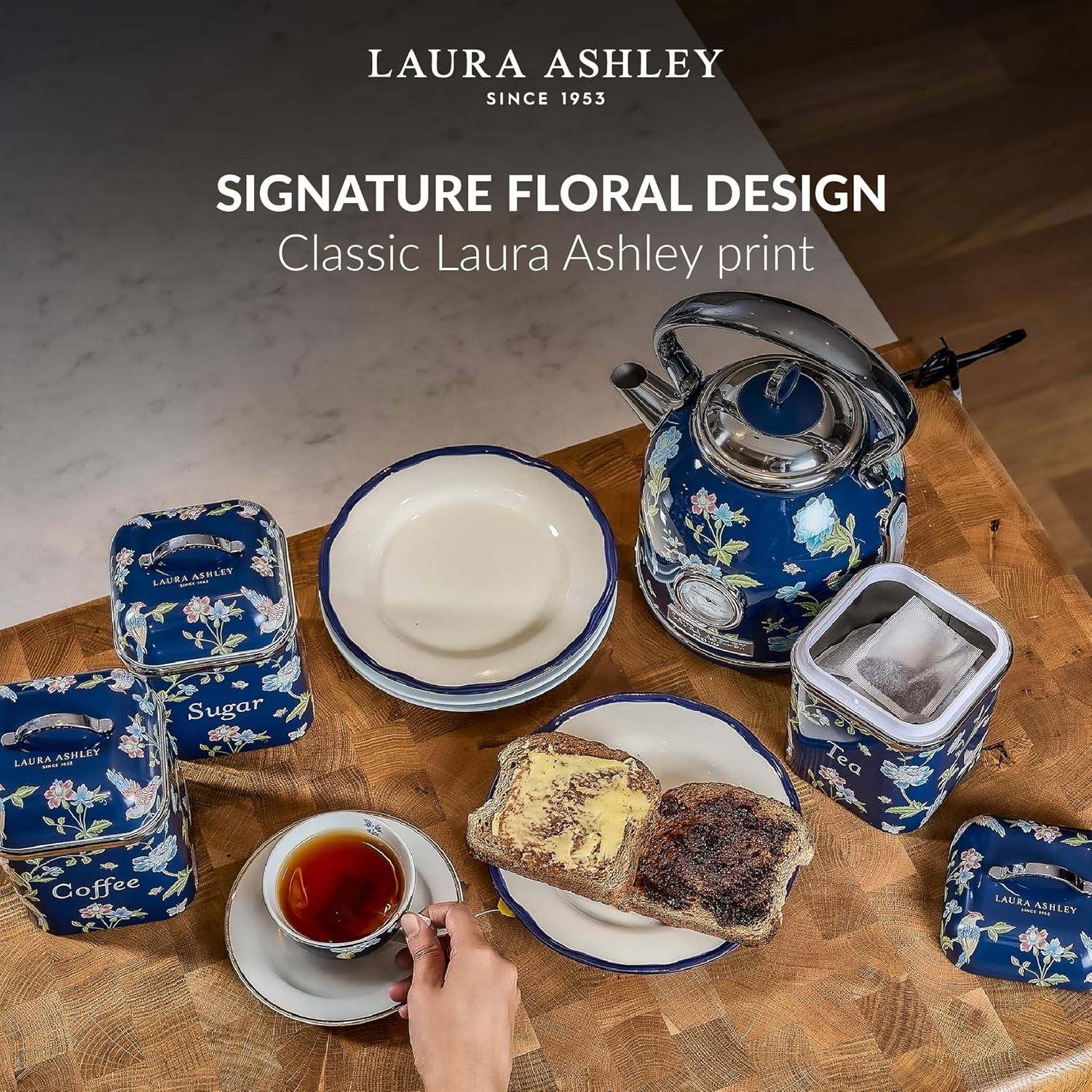 VQ Laura Ashley Tee-, Kaffee- und Zucker Vorratsdosen 3er Set mit Elveden Marine Designer Print Elegante Edelstahl Aufbewahrungsbox mit Deckel