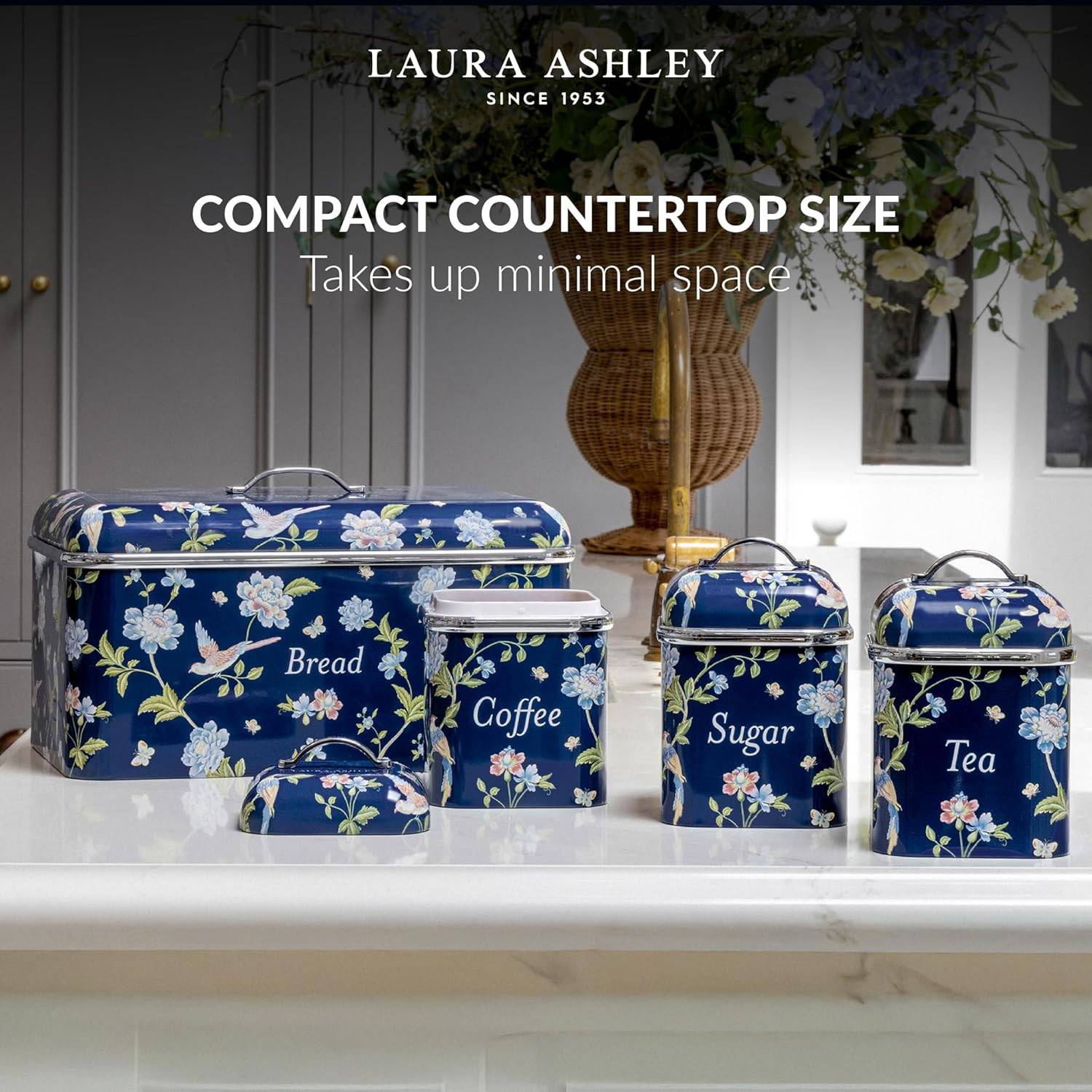 VQ Laura Ashley Tee-, Kaffee- und Zucker Vorratsdosen 3er Set mit Elveden Marine Designer Print Elegante Edelstahl Aufbewahrungsbox mit Deckel