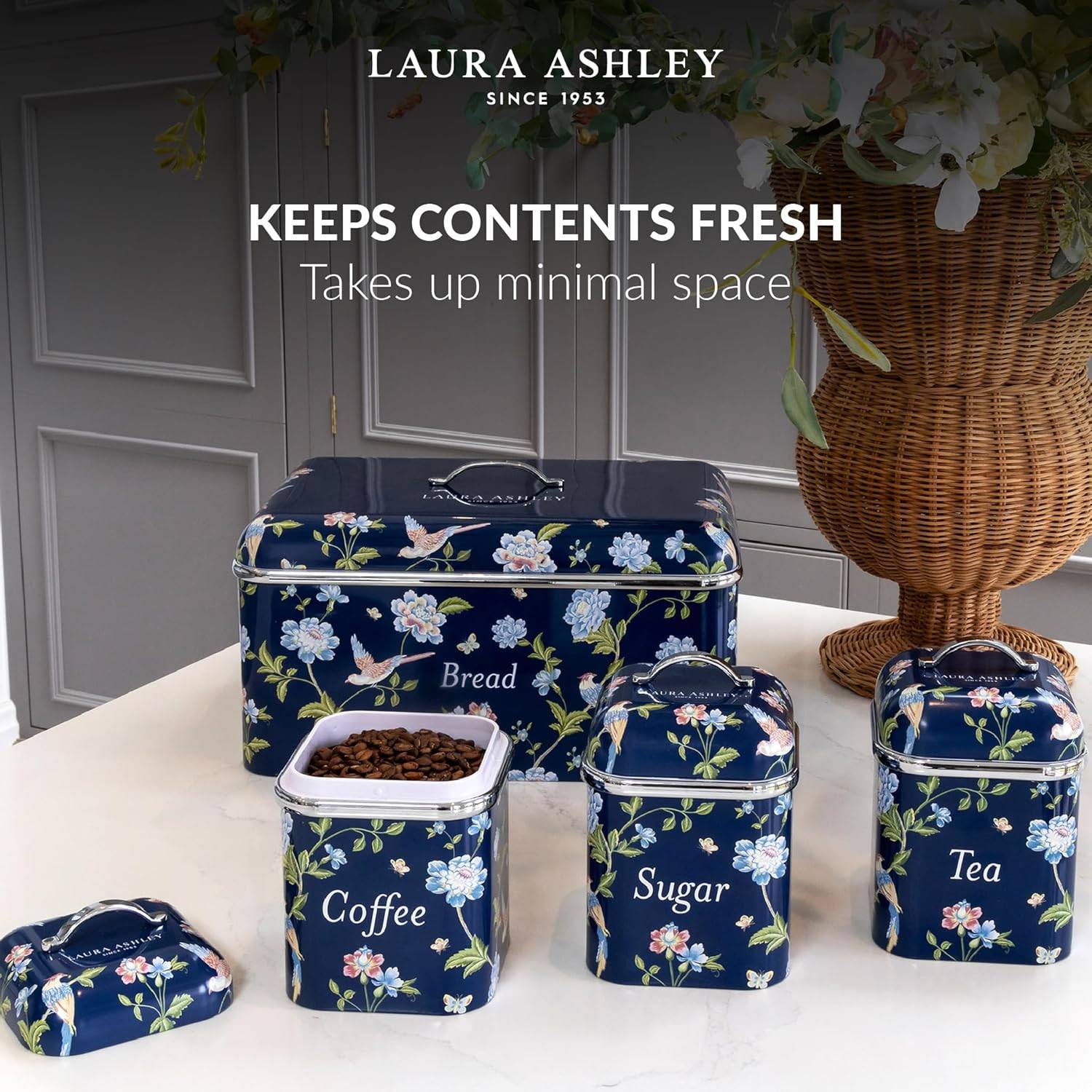 VQ Laura Ashley Tee-, Kaffee- und Zucker Vorratsdosen 3er Set mit Elveden Marine Designer Print Elegante Edelstahl Aufbewahrungsbox mit Deckel