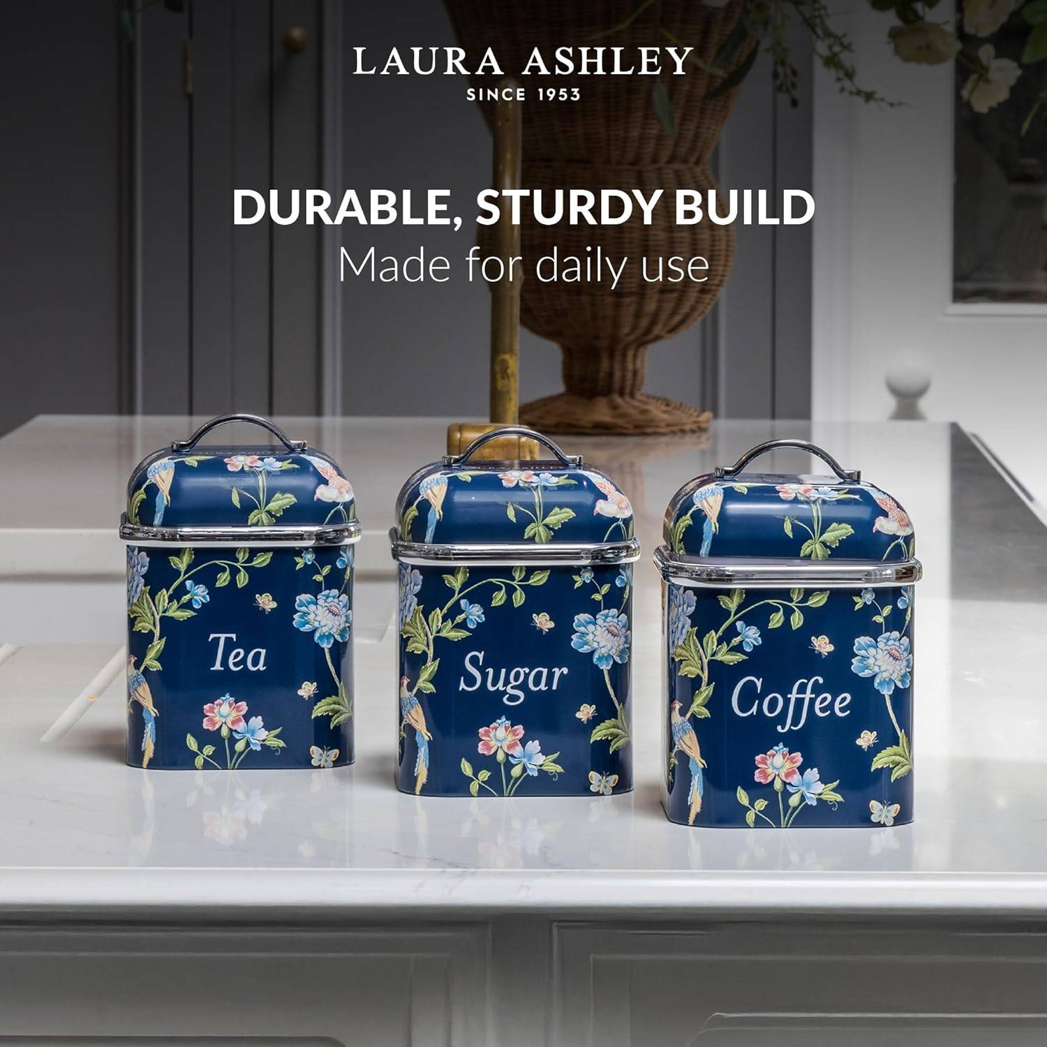 VQ Laura Ashley Tee-, Kaffee- und Zucker Vorratsdosen 3er Set mit Elveden Marine Designer Print Elegante Edelstahl Aufbewahrungsbox mit Deckel