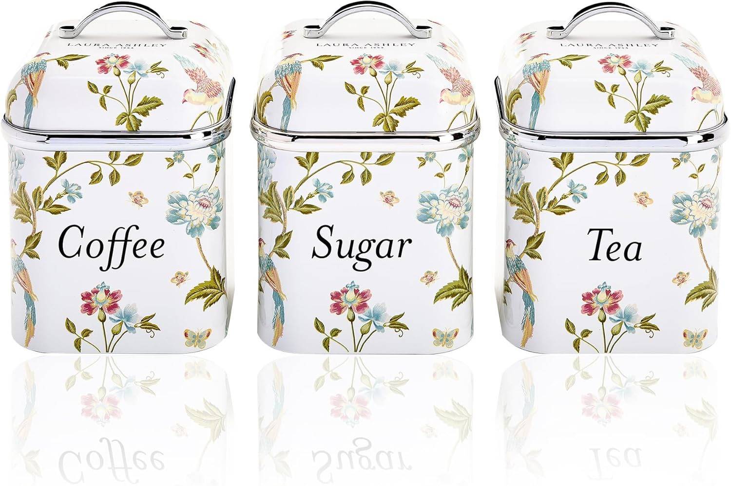 VQ Laura Ashley Tee-, Kaffee- und Zucker Vorratsdosen 3er Set mit Elveden Weiß Designer Print Elegante Edelstahl Aufbewahrungsbox mit Deckel