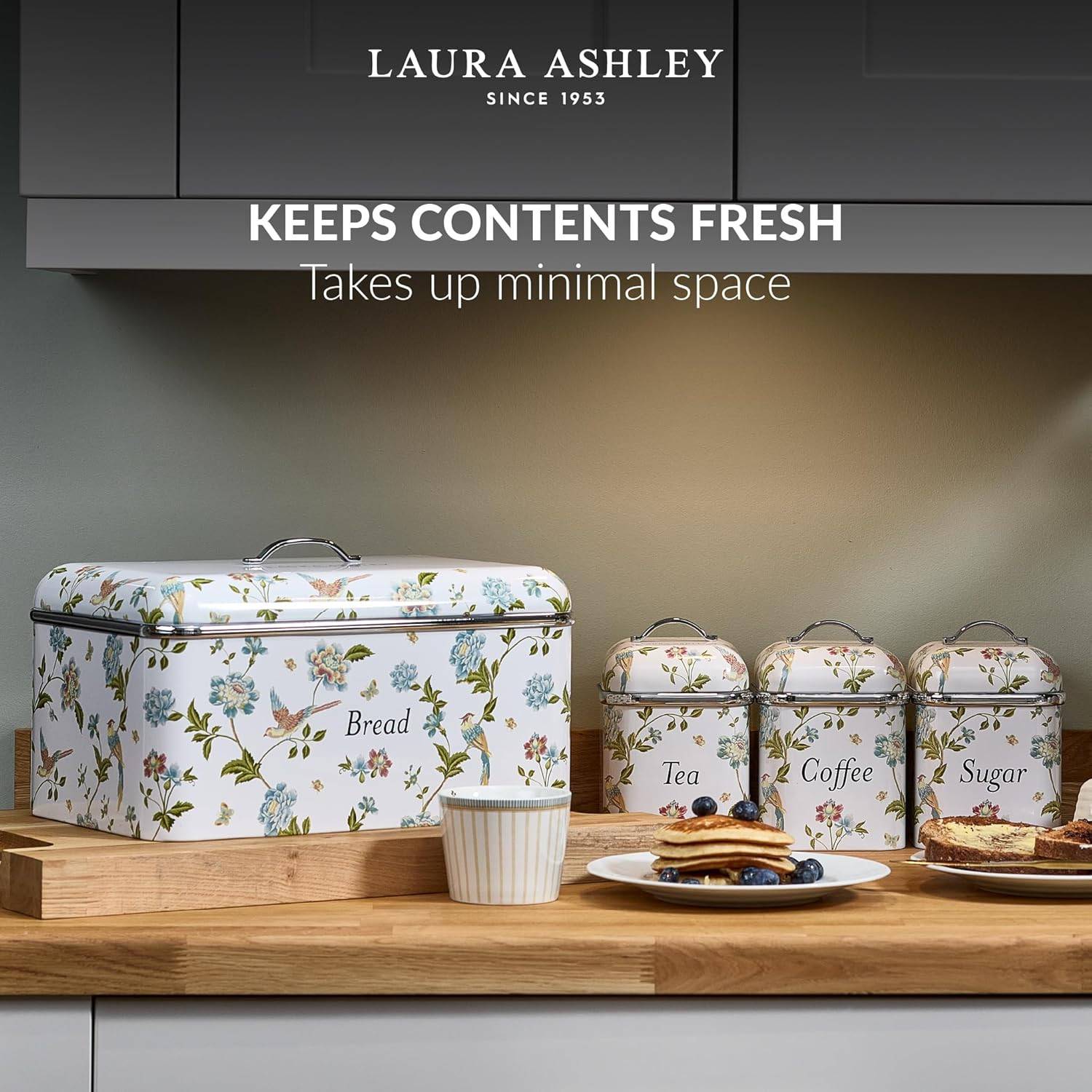 VQ Laura Ashley Tee-, Kaffee- und Zucker Vorratsdosen 3er Set mit Elveden Weiß Designer Print Elegante Edelstahl Aufbewahrungsbox mit Deckel
