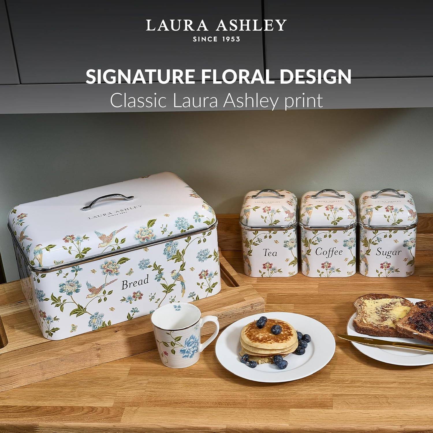 VQ Laura Ashley Tee-, Kaffee- und Zucker Vorratsdosen 3er Set mit Elveden Weiß Designer Print Elegante Edelstahl Aufbewahrungsbox mit Deckel