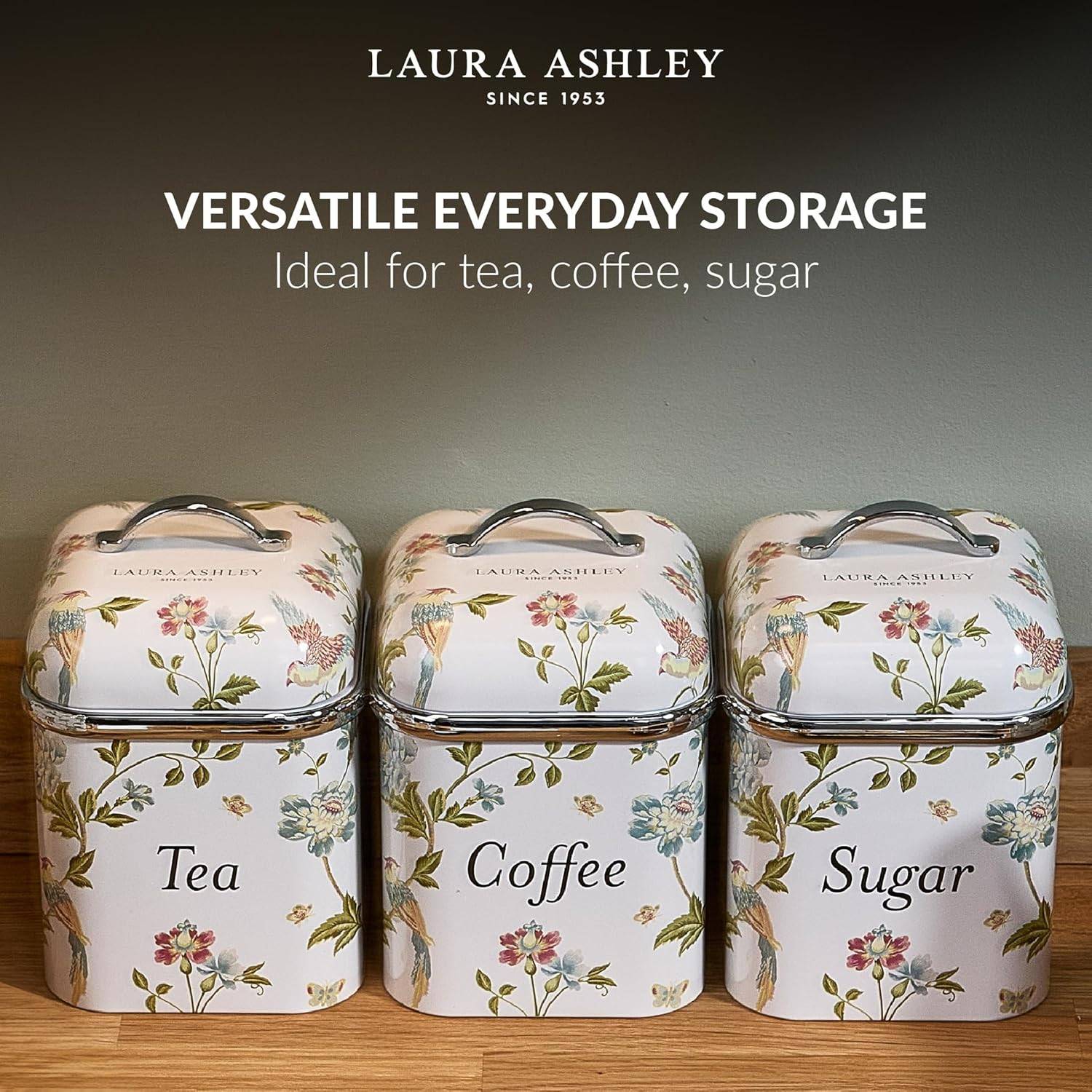 VQ Laura Ashley Tee-, Kaffee- und Zucker Vorratsdosen 3er Set mit Elveden Weiß Designer Print Elegante Edelstahl Aufbewahrungsbox mit Deckel