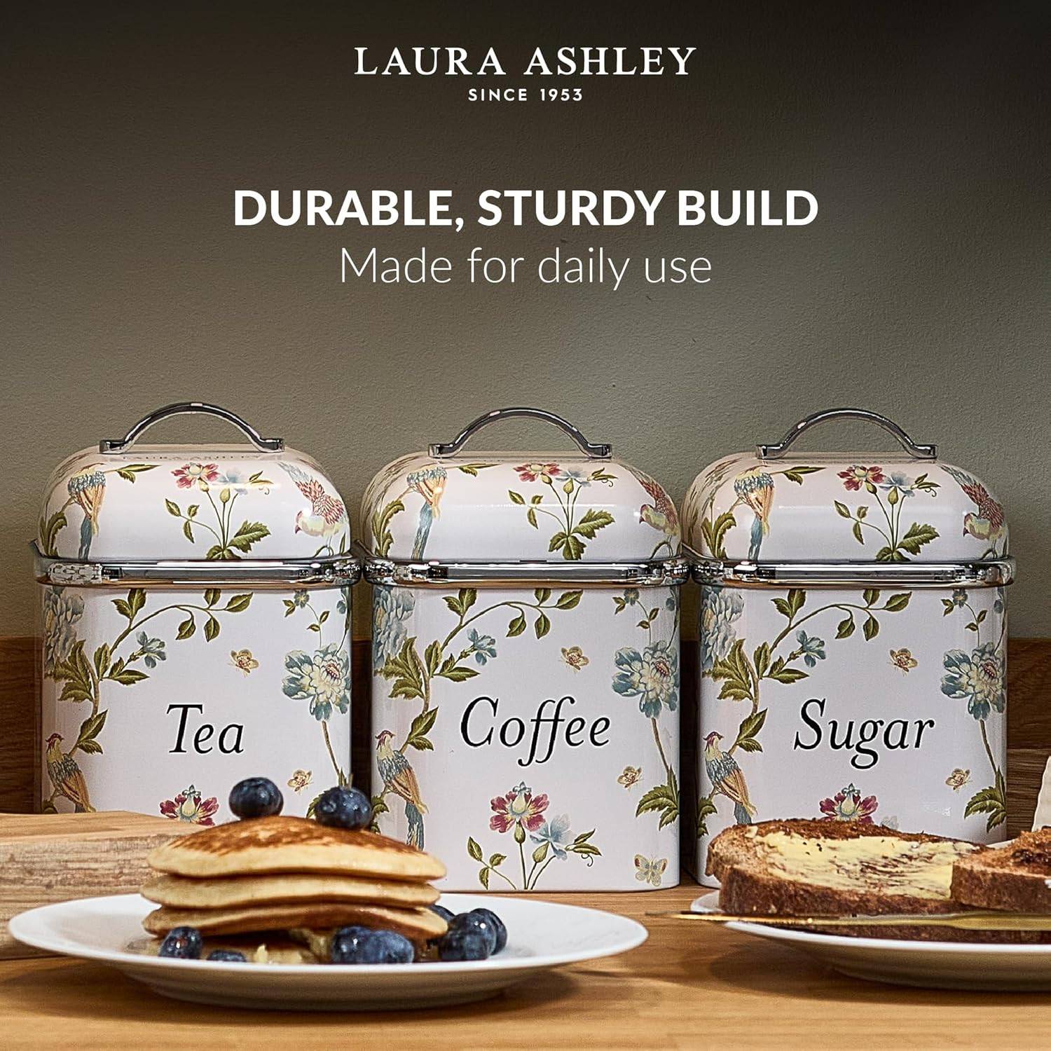 VQ Laura Ashley Tee-, Kaffee- und Zucker Vorratsdosen 3er Set mit Elveden Weiß Designer Print Elegante Edelstahl Aufbewahrungsbox mit Deckel