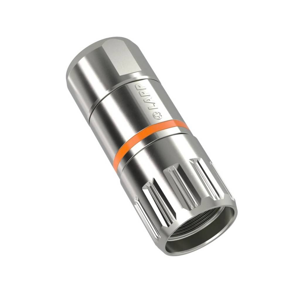 Metallischer zylindrischer Stecker/Adapter mit orangem Ring und offener Gewinde-Seite, dargestellt auf weißem Hintergrund.