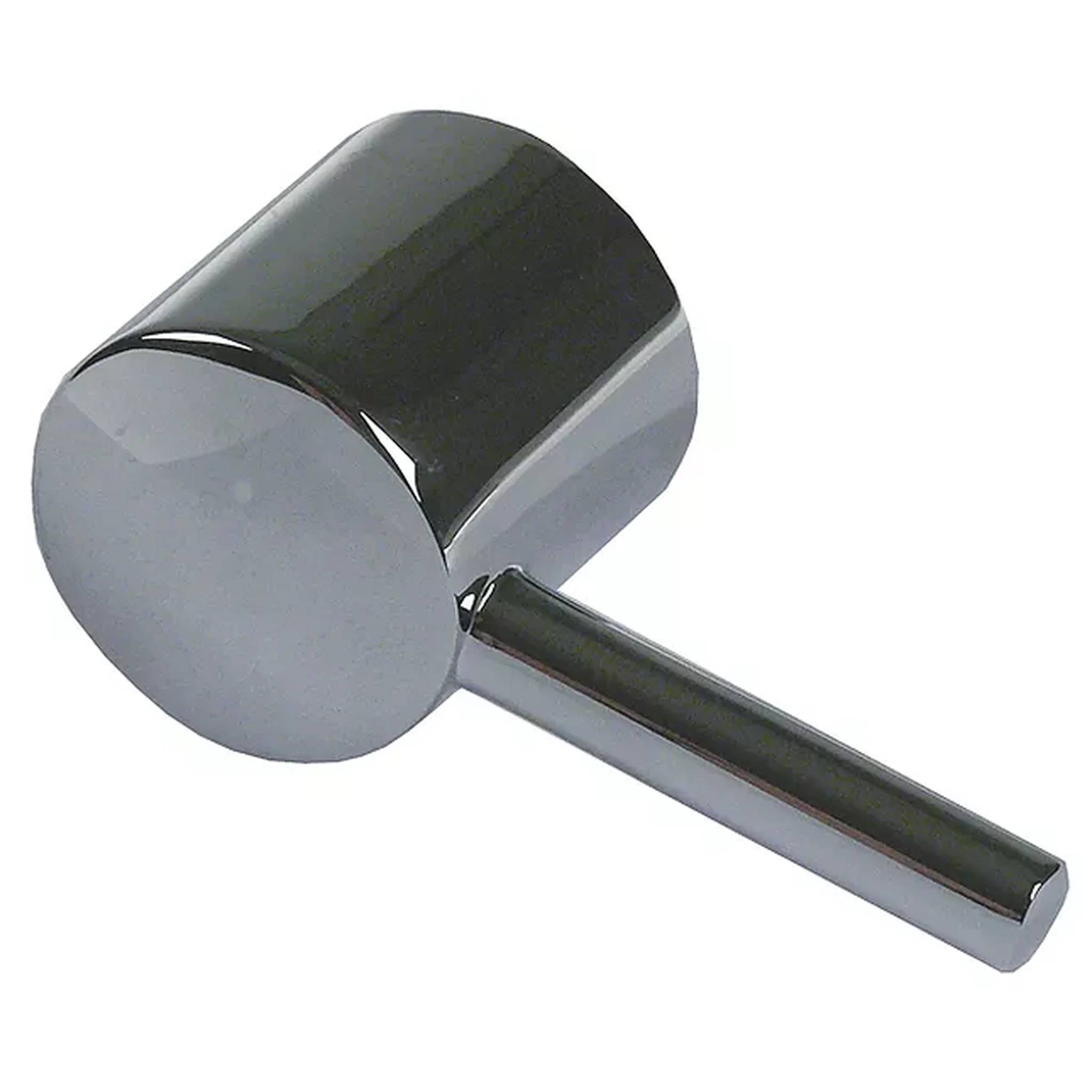 Chromierter Metallhammer mit rundem Schlagkopf und langem Griff auf weißem Hintergrund.