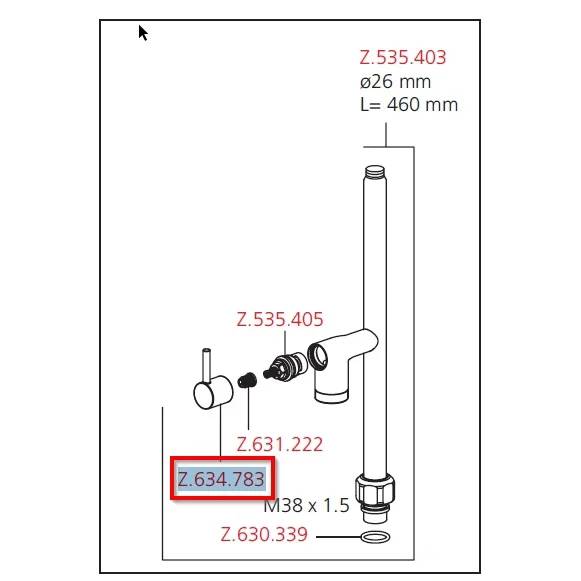 Explodierte technische Zeichnung von Sanitärteilen, Beschriftung der Komponenten Z.535.403, Z.535.405, Z.631.222, Z.634.783 und Z.630.339; Hauptrohr gekennzeichnet ø26 mm, L = 460 mm, mit M38 x 1,5 Gewinde.