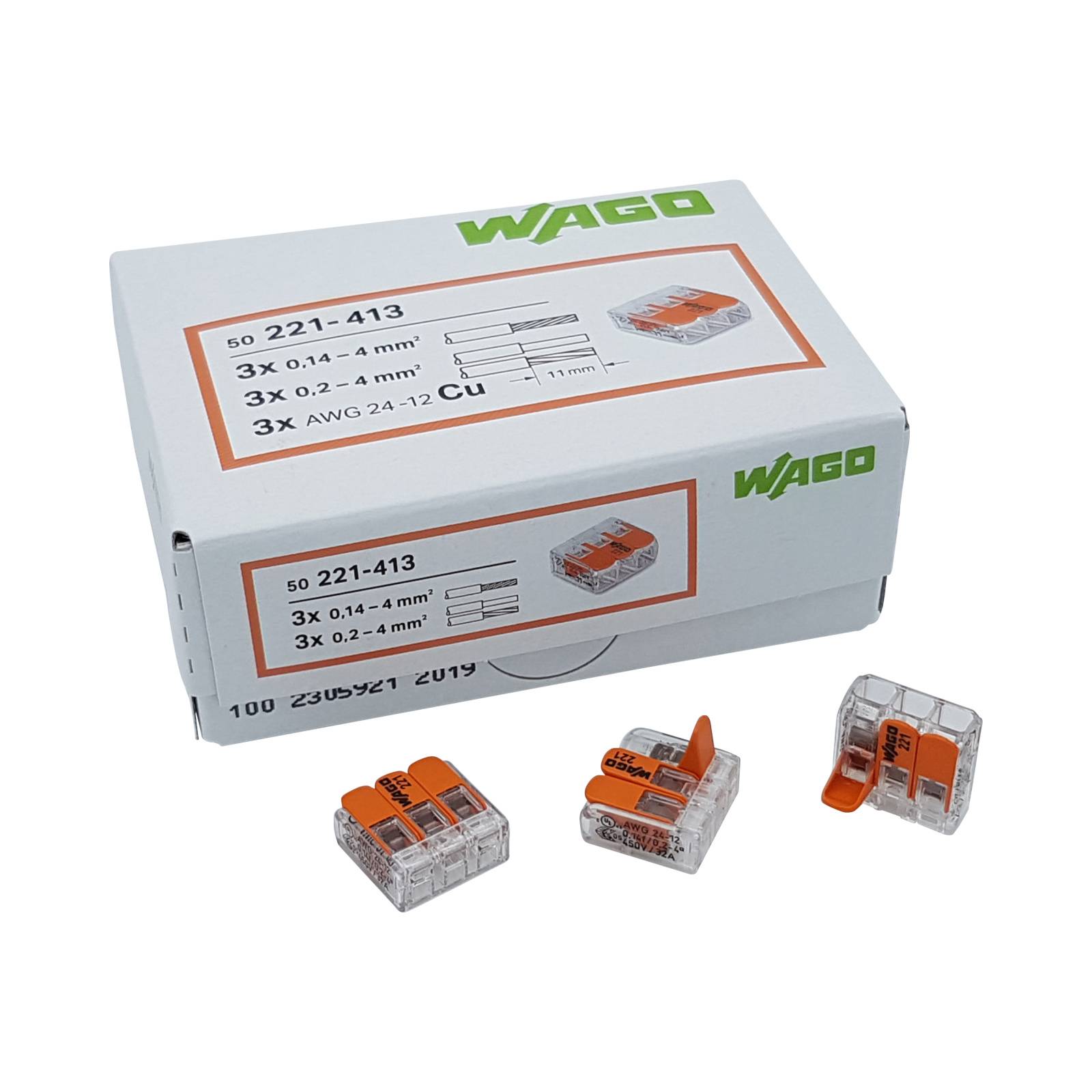 100 Stück WAGO Klemmen 221-413 - Leuchten Hebel Klemmen - für Kabel 0,14 - 4mm²
