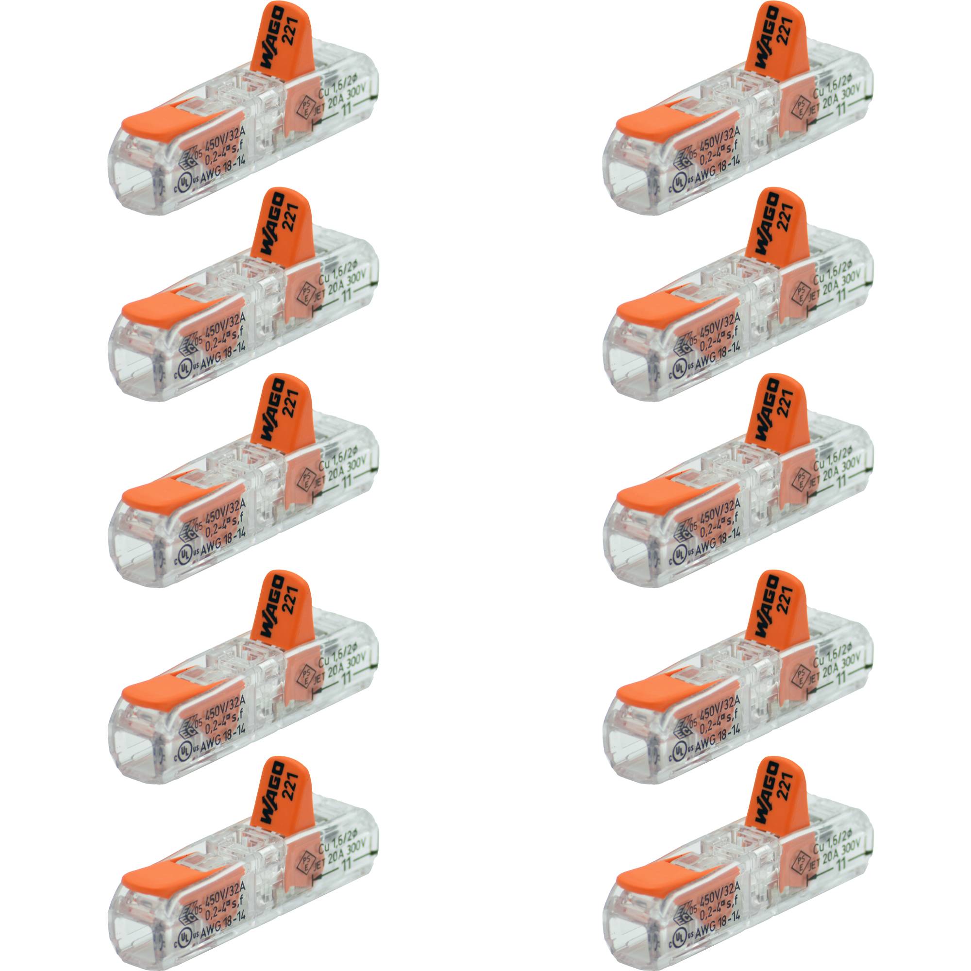 10 Stück WAGO 221-2411 Durchgangsverbinder Klemme mit Hebel - für Kabel 0,14 - 4mm²