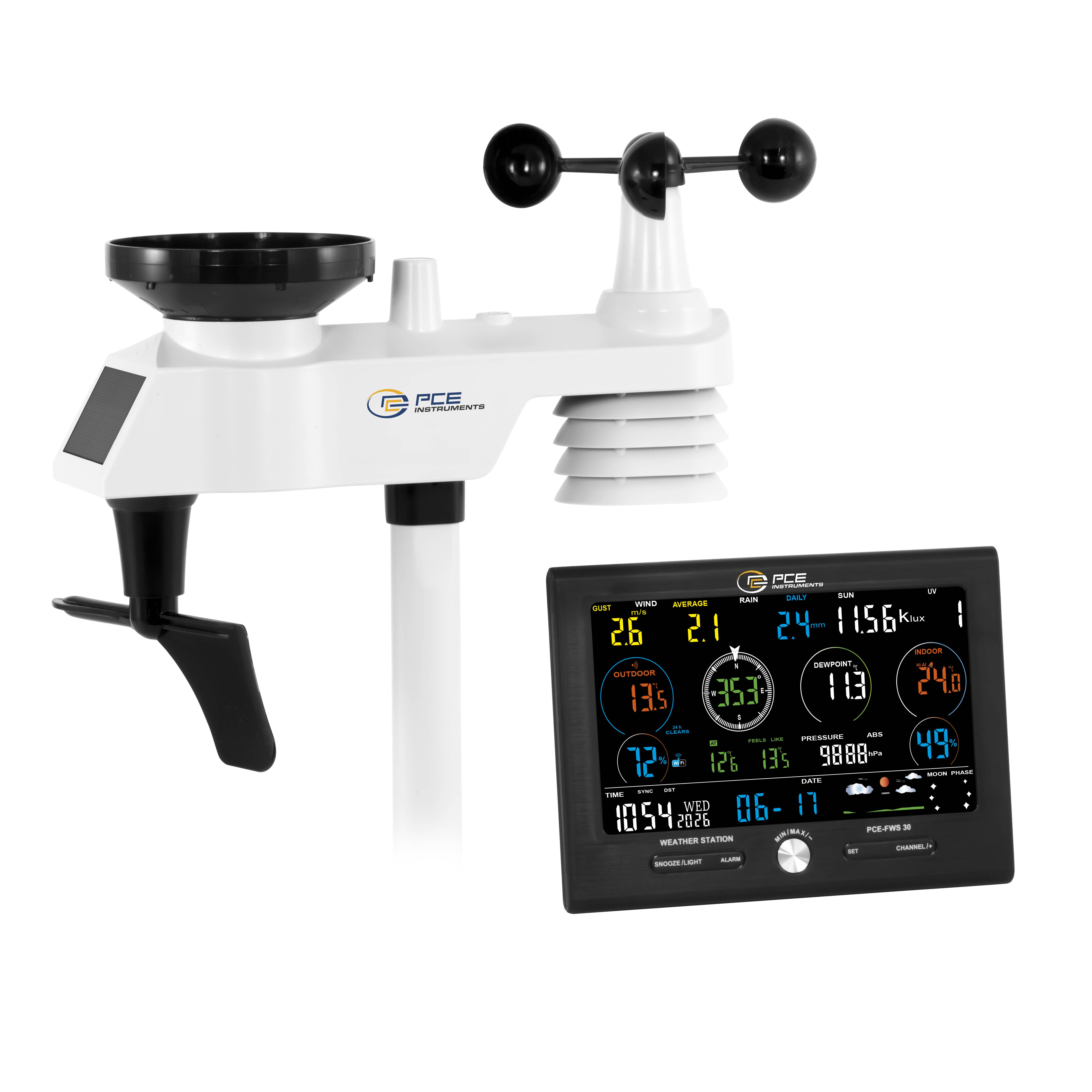 PCE Instruments Wetterstation PCE-FWS 30 |Geschwindigkeit |Temperatur |UV |Niederschlag |Feuchte relativ |Absolutdruck