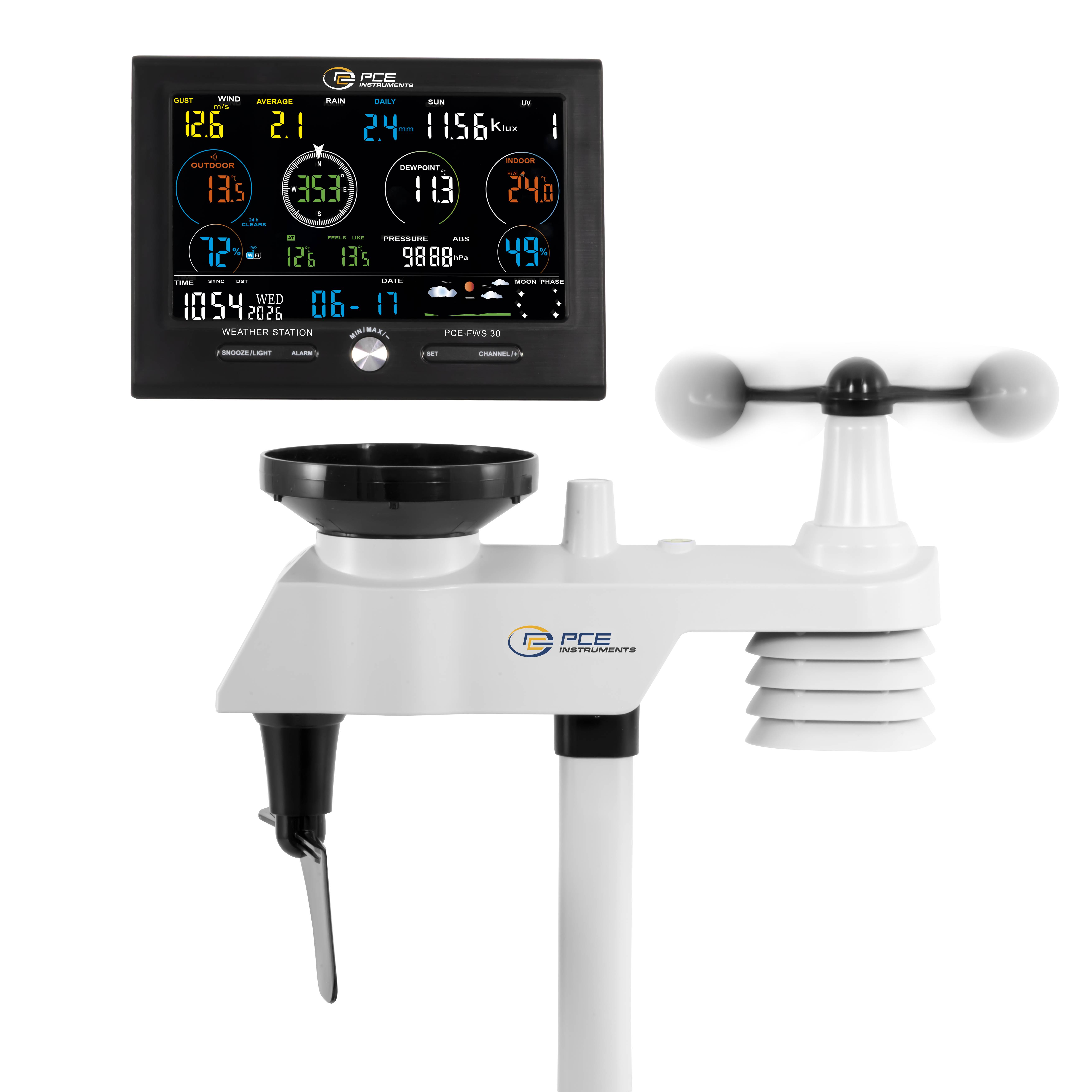 PCE Instruments Wetterstation PCE-FWS 30 |Geschwindigkeit |Temperatur |UV |Niederschlag |Feuchte relativ |Absolutdruck