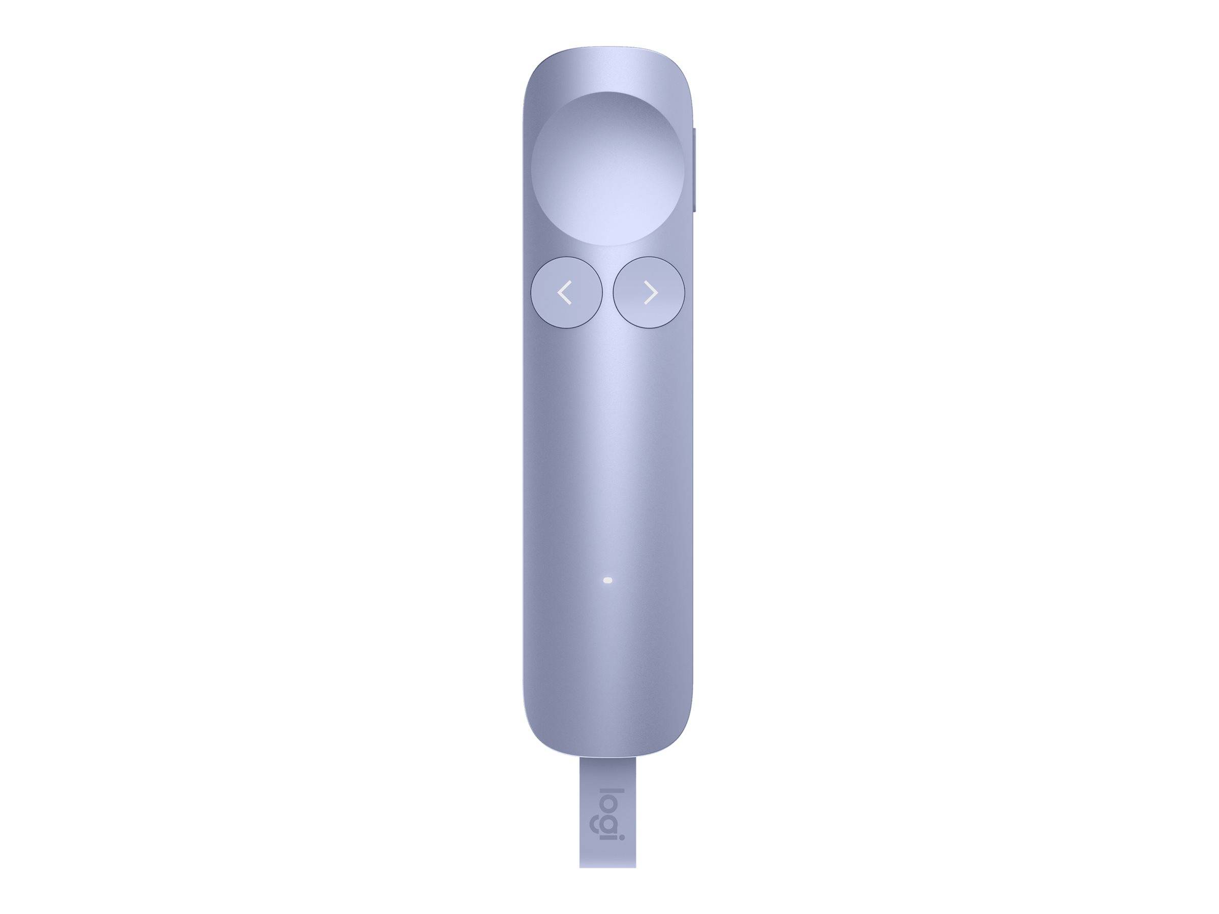 Lavendelfarbene Logitech-Fernbedienung mit großer kreisförmiger Oberfläche, zwei Pfeiltasten und USB-Anschluss am unteren Ende.