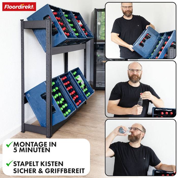 FLOORDIREKT Flaschenkastenständer Osaka - Lagerregal aus pulverbeschichtetem Stahl - 110 x 110 x 30 cm - Mit Ablage