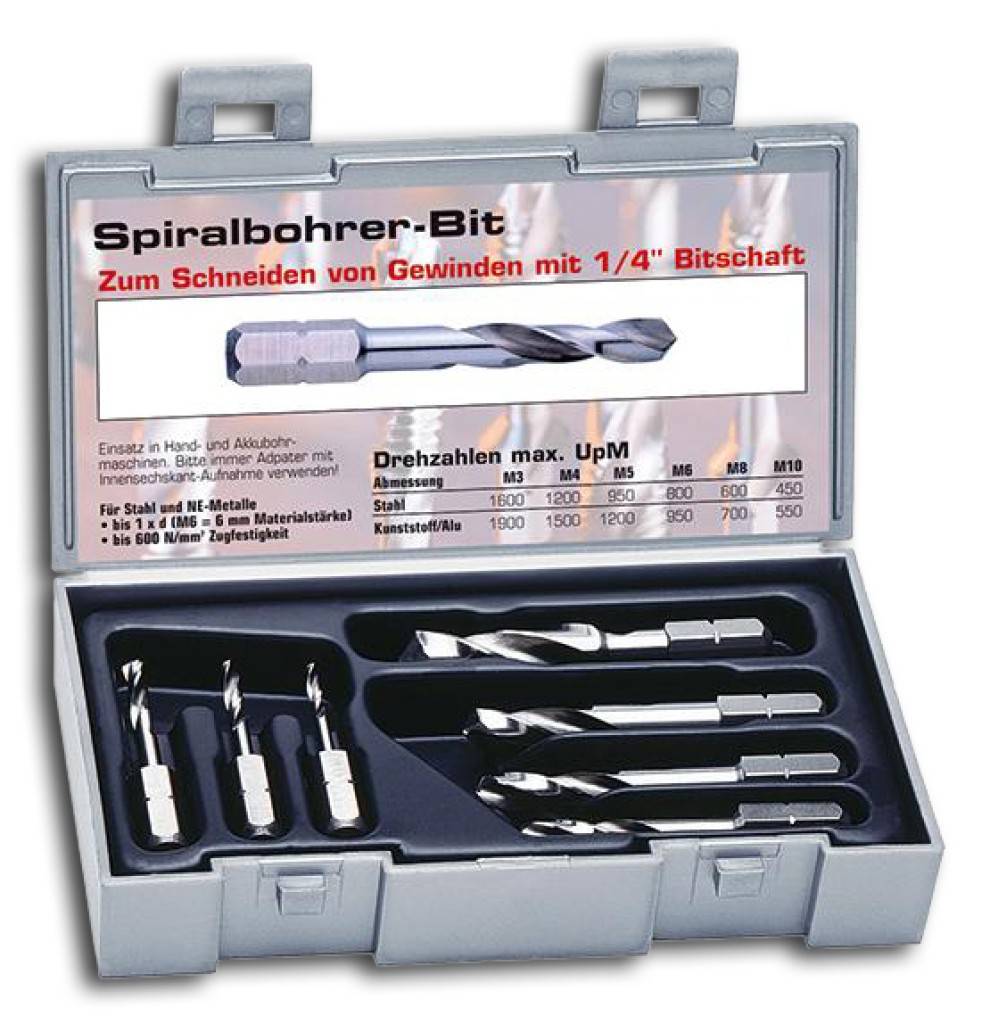 Spiralbohrer-Bit-SatzOberfläche blankAusführungHSS, spiralgenutet.AnwendungZum Bohren von Stählen bis 850 N/mm und bedingt geeignet für Aluminiuml