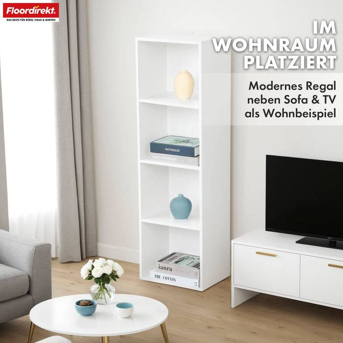 FLOORDIREKT Bücherregal Alaska - Weißer MDF-Bücherschrank - 4 Ebenen - 32 x 24 x 106 cm
