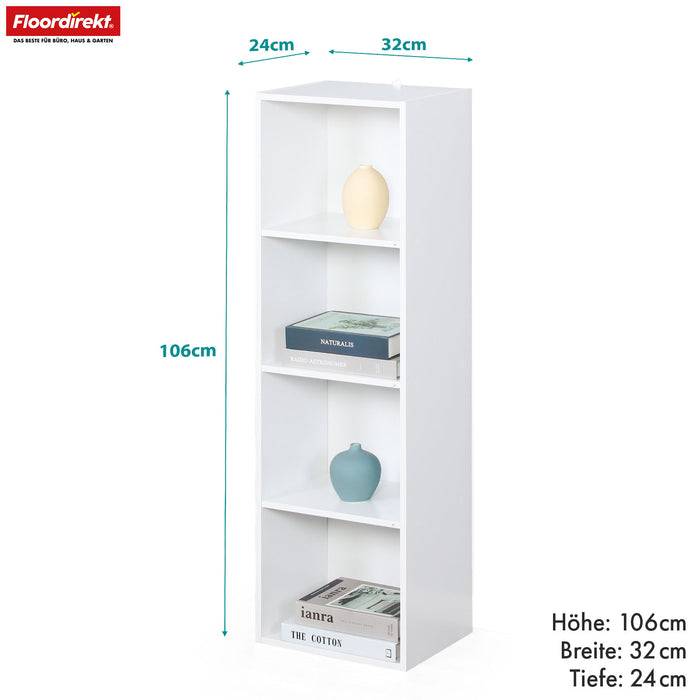 FLOORDIREKT Bücherregal Alaska - Weißer MDF-Bücherschrank - 4 Ebenen - 32 x 24 x 106 cm