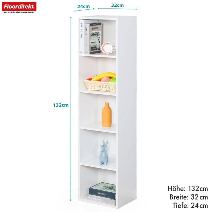 FLOORDIREKT Bücherregal Alaska - Weißer MDF-Bücherschrank - 5 Ebenen - 32 x 24 x 132 cm