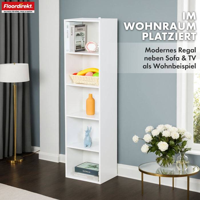 FLOORDIREKT Bücherregal Alaska - Weißer MDF-Bücherschrank - 5 Ebenen - 32 x 24 x 132 cm