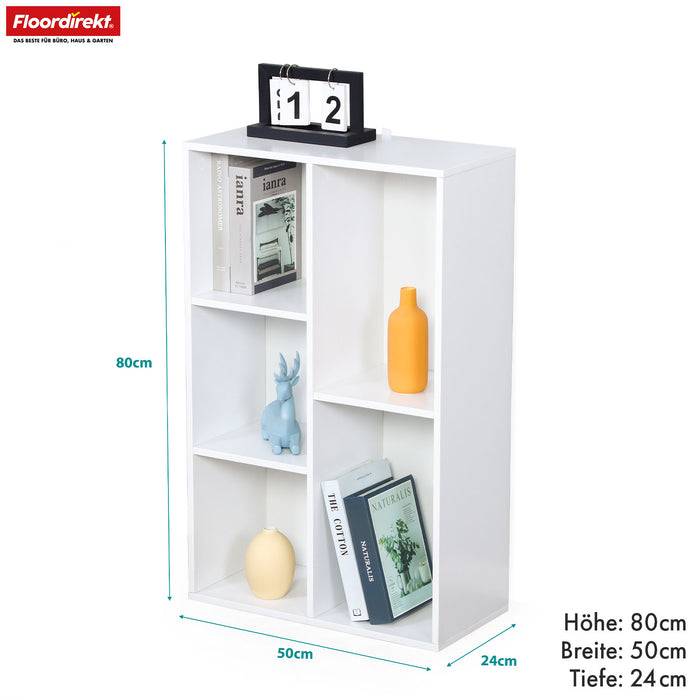 FLOORDIREKT Bücherregal Arkansas - Weißes MDF-Standregal - 5 Fächer - 50 x 24 x 80 cm