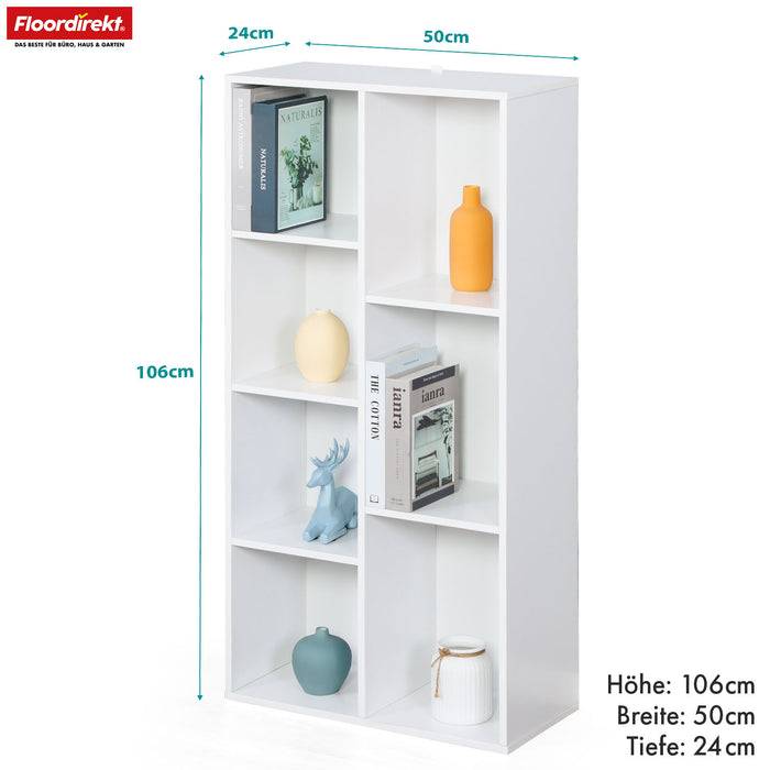 FLOORDIREKT Bücherregal Arkansas - Weißes MDF-Standregal - 7 Fächer - 50 x 24 x 106 cm