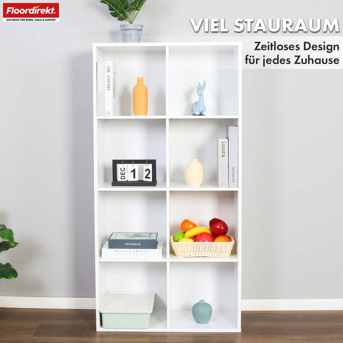FLOORDIREKT Bücherregal Arkansas - Weißes MDF-Standregal - 8 Fächer - 65,5 x 30 x 129,5 cm