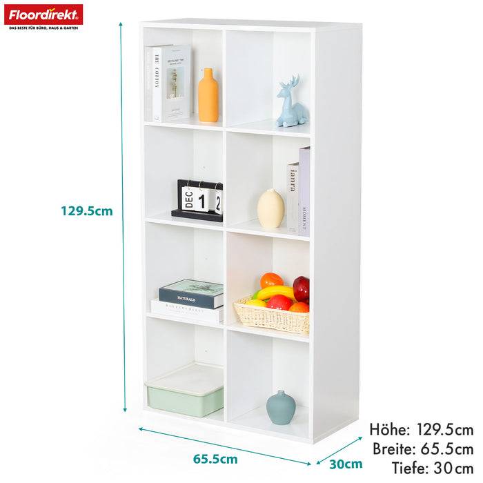 FLOORDIREKT Bücherregal Arkansas - Weißes MDF-Standregal - 8 Fächer - 65,5 x 30 x 129,5 cm