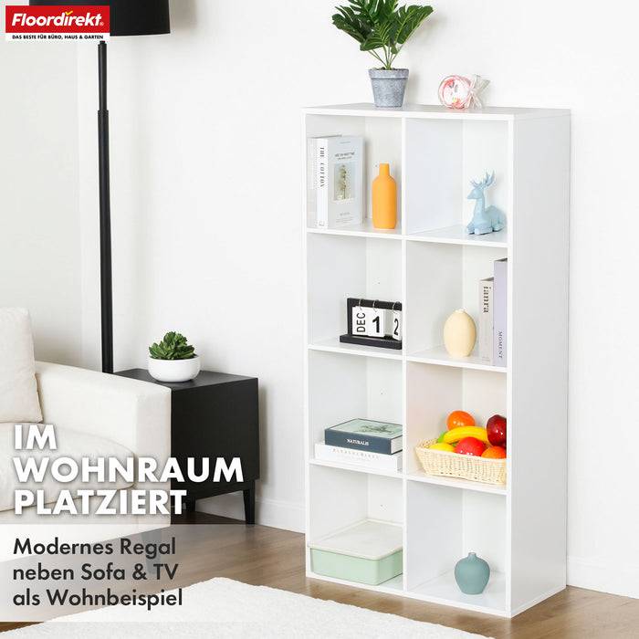 FLOORDIREKT Bücherregal Arkansas - Weißes MDF-Standregal - 8 Fächer - 65,5 x 30 x 129,5 cm