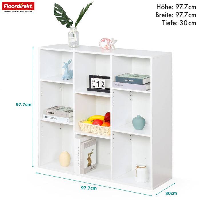 FLOORDIREKT Bücherregal Arkansas - Weißes MDF-Standregal - 9 Fächer - 97,7 x 30 x 97,7 cm