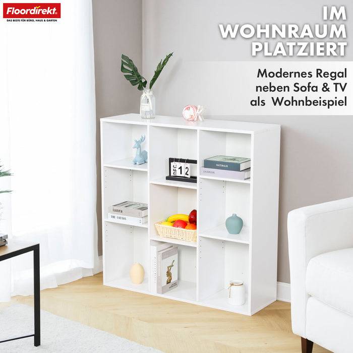 FLOORDIREKT Bücherregal Arkansas - Weißes MDF-Standregal - 9 Fächer - 97,7 x 30 x 97,7 cm