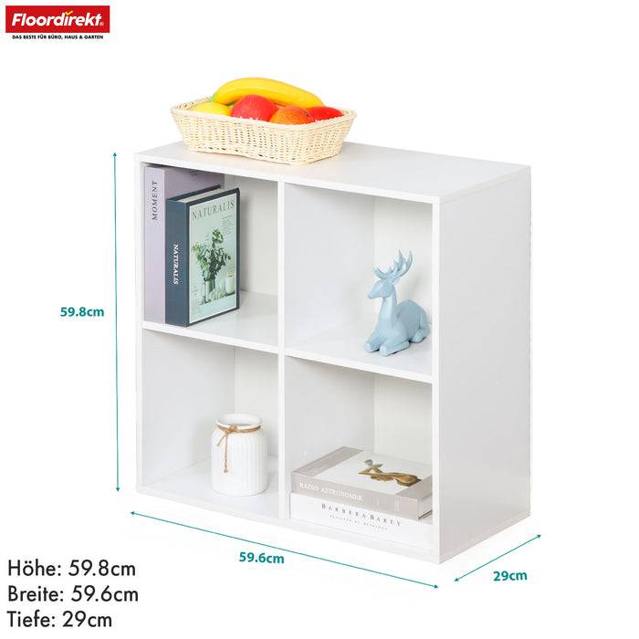 FLOORDIREKT Bücherregal California - Weißes MDF-Standregal - 4 Fächer - 59,6 x 29 x 59,8 cm