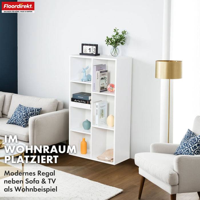 FLOORDIREKT Bücherregal California - Weißes MDF-Standregal - 7 Fächer - 59,6 x 29 x 108 cm