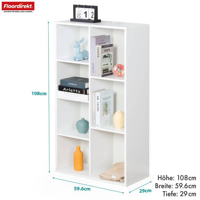 FLOORDIREKT Bücherregal California - Weißes MDF-Standregal - 7 Fächer - 59,6 x 29 x 108 cm