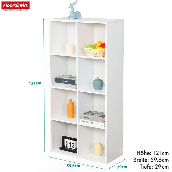 FLOORDIREKT Bücherregal California - Weißes MDF-Standregal - 8 Fächer - 59,6 x 29 x 121 cm