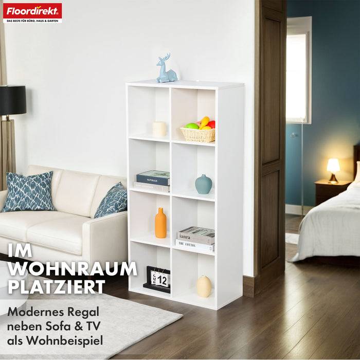 FLOORDIREKT Bücherregal California - Weißes MDF-Standregal - 8 Fächer - 59,6 x 29 x 121 cm