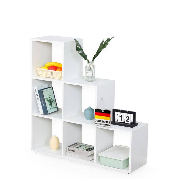 FLOORDIREKT Bücherregal Carolina - Weißes MDF Stufenregal - 6 Fächer - 97,5 x 29 x 97,5 cm