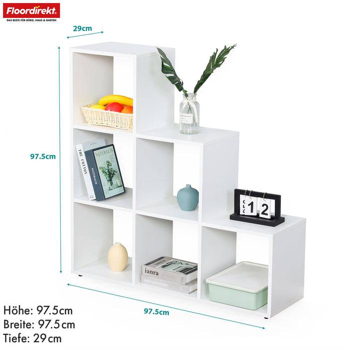 FLOORDIREKT Bücherregal Carolina - Weißes MDF Stufenregal - 6 Fächer - 97,5 x 29 x 97,5 cm