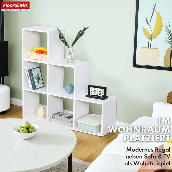 FLOORDIREKT Bücherregal Carolina - Weißes MDF Stufenregal - 6 Fächer - 97,5 x 29 x 97,5 cm