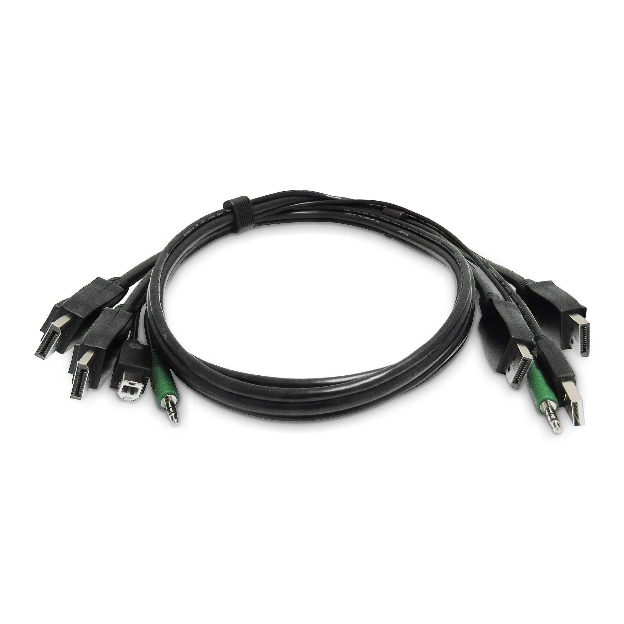 Schwarzes Kabel mit mehreren Anschlussenden in einer Schleife auf weißem Hintergrund, das ein Multi-Port-Daten- oder Video-Adapterkabel zeigt.